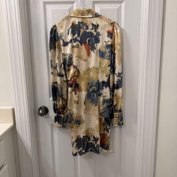 Luxxel Long Sleeve Satin Colorful Wrap Mini Dress Size S Abstract Fall Wedding - Picture 3 of 10